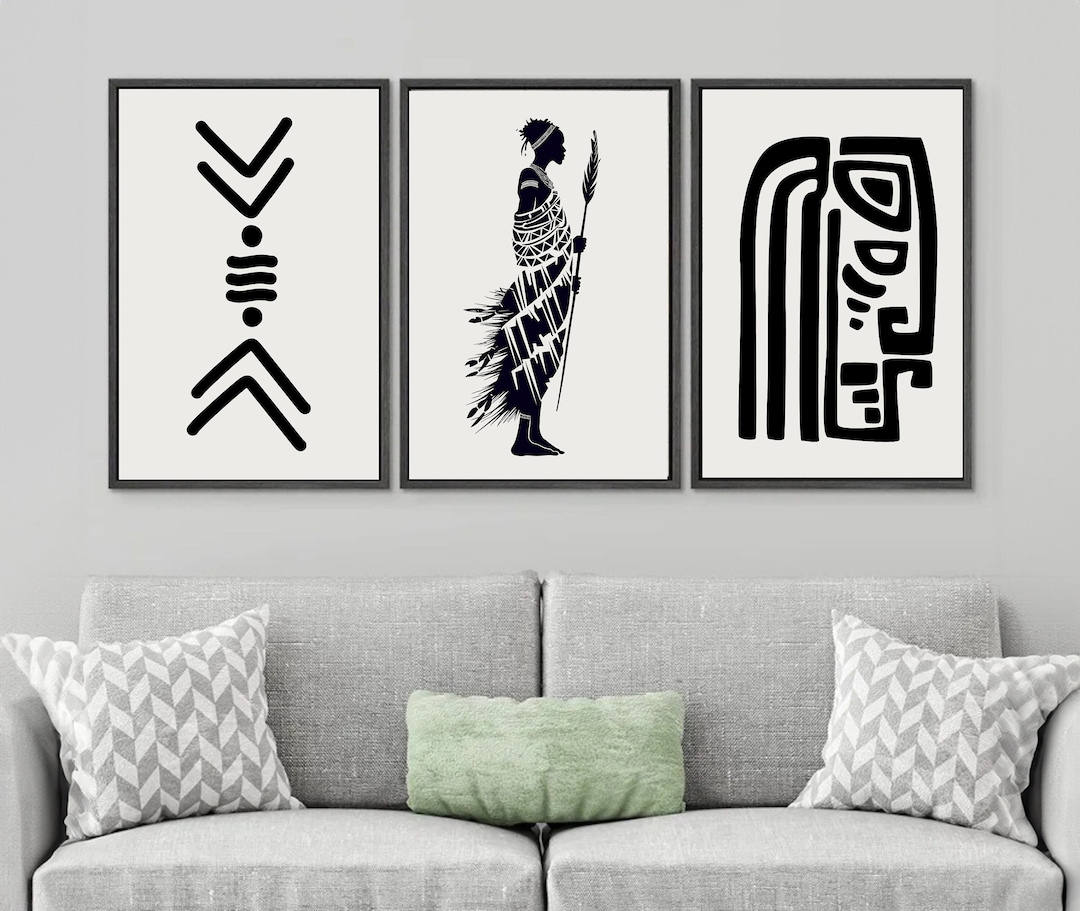African Art Print Set of Three, Tribal Black and White Wall Art, Afro ...