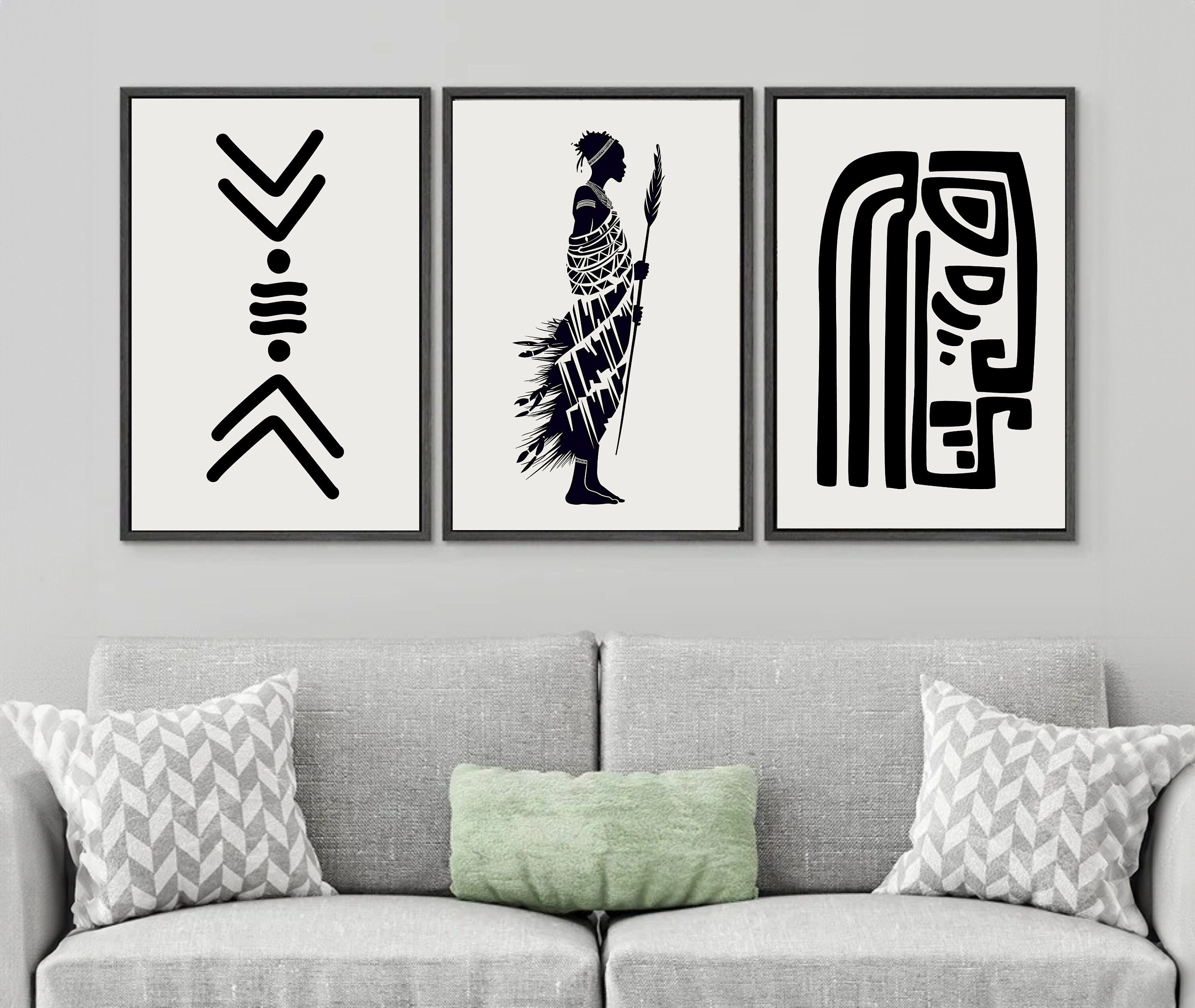 African Art Print Set of Three, Tribal Black and White Wall Art, Afro ...