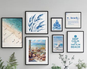 Juego de 7 impresiones de arte de pared costero, impresión de arte de pared de moda, impresión de arte de paisaje marino, decoración náutica, arte de playa bohemio, paquete de impresión digital