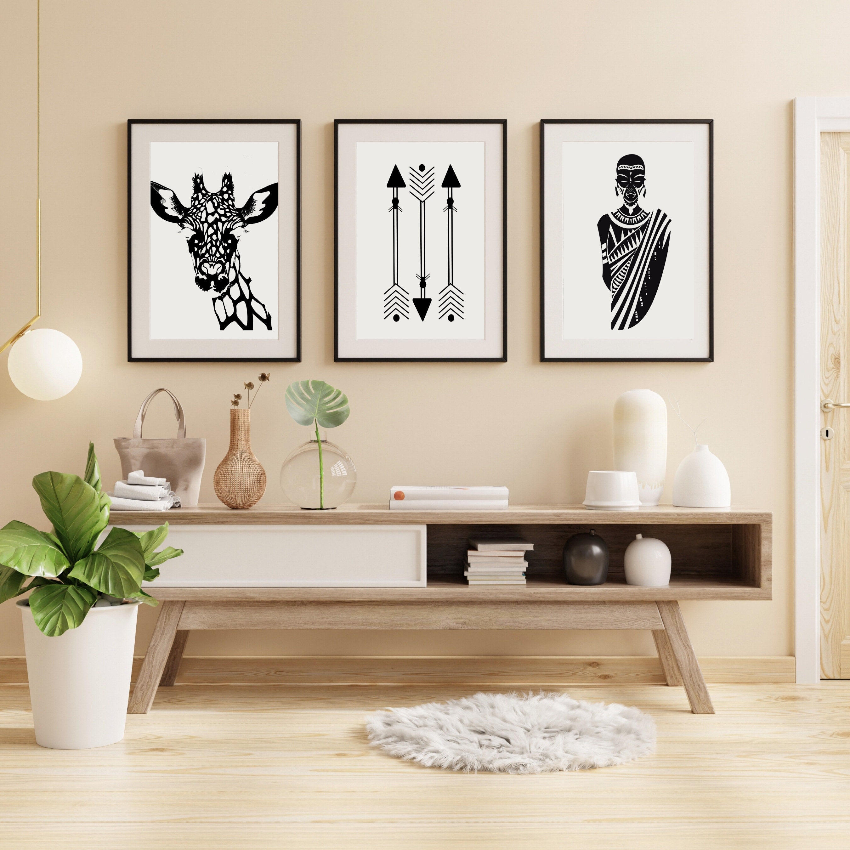 African Art Print Set of Three, Tribal Black and White Wall Art, Afro ...