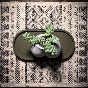 May include: A light green succulent plant potted in a white, rounded, heart-shaped ceramic planter. The planter sits centered on an elongated, dark olive green oval tray. The arrangement is viewed from directly above, showcasing the plant's leaves.