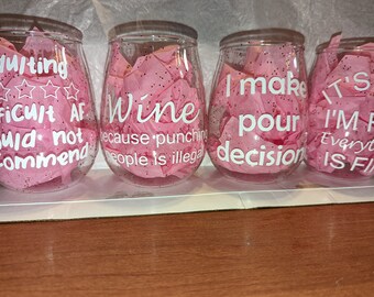 Set of 4 Ban.dō stemless acrylic wine glasses with customized vinyl sayings