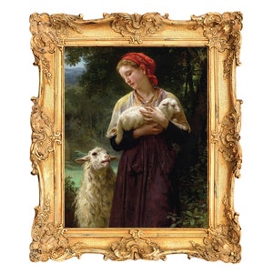May include: A young woman in a red headscarf and a long dark dress holds a white lamb in her arms. She is standing in a forest setting with a second white lamb standing beside her.