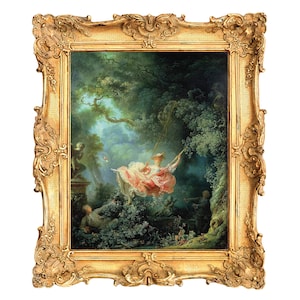 May include: Ornate gold framed painting depicting a woman on a swing in a lush garden setting. The artwork features a woman in a pink dress, surrounded by greenery and figures. The frame has detailed scrollwork.