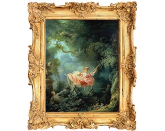 May include: A painting in an ornate gold frame, showing a woman on a swing in a garden. The artwork features a woman in a pink dress, surrounded by greenery and figures. The frame has detailed scrollwork and a classical style.