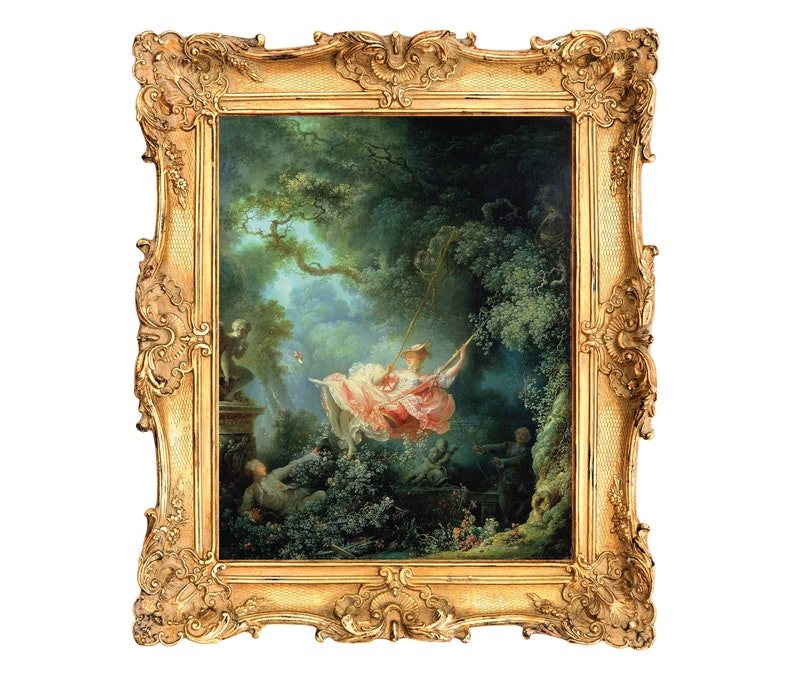 May include: Ornate gold framed painting depicting a woman on a swing in a lush garden setting. The artwork features a woman in a pink dress, surrounded by greenery and figures. The frame has detailed scrollwork.