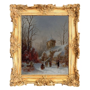 May include: An antique framed painting depicting a winter scene with snow-covered buildings and figures. The artwork is encased in an ornate, gold-colored frame. The painting features a muted color palette with a focus on the snowy landscape and leafless trees.