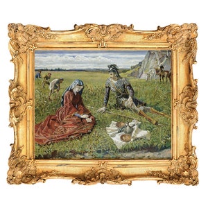 May include: A framed oil painting depicting a scene from a medieval story. A woman in a red dress sits in a field with a man in armor. The painting is set against a backdrop of a blue sky with white clouds.