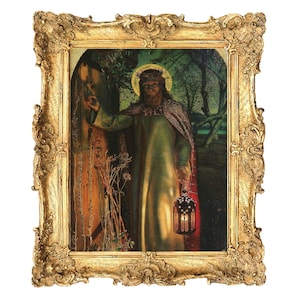May include: An antique framed painting depicting a figure with a halo, holding a lantern. The figure wears a green robe and a crown of thorns. The ornate gold frame surrounds the artwork, which has a dark, forest-like background.