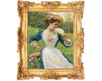 May include: A painting of a woman in a white dress and blue jacket holding a fan. She is standing in a field with green grass and trees in the background. She is wearing a straw hat with flowers.