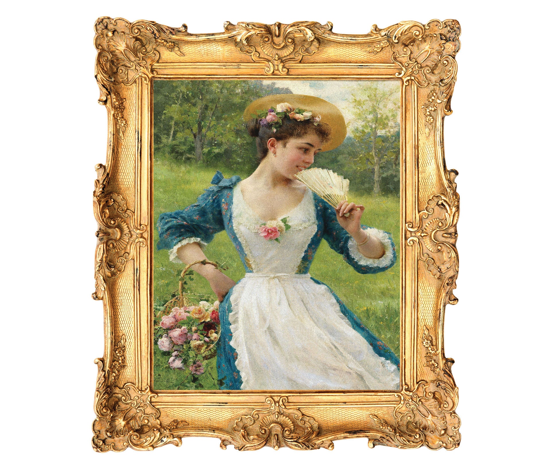 Federico Andreotti、Idillio、希少画集より、新品額装付 Young Beauty With A Basket Of Roses by Federico Andreotti- ART