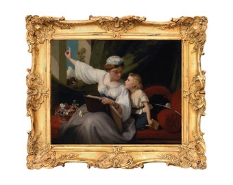 May include: A painting of a woman in a white dress and a blue headband reading a book to a young child. The woman is pointing to something off to the side of the painting. The painting is framed in a gold frame.