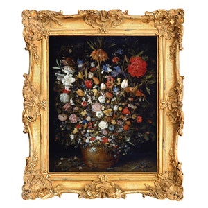 May include: A framed oil painting depicting a still life of a variety of colorful flowers in a brown vase. The flowers are arranged in a bouquet and include tulips, roses, lilies, and other blooms. The painting is set against a dark background and is framed in a gold ornate frame.