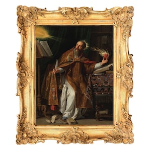 May include: A painting of a man in a bishop's robe holding a heart in his hand. He is seated at a desk with a book and quill pen. The painting is in a gold frame.