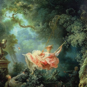 May include: A painting depicting a woman on a swing in a lush, green forest setting. She wears a pink dress and hat. Two men and a cherub statue are also visible. The artwork has a romantic and whimsical feel, with soft colors and detailed brushstrokes.