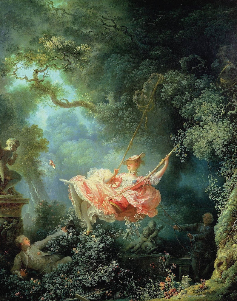 May include: A painting depicting a woman on a swing in a lush, green forest setting. She wears a pink dress and hat. Two men and a cherub statue are also visible. The artwork has a romantic and whimsical feel, with soft colors and detailed brushstrokes.