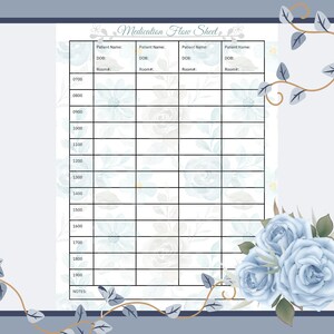 Medication Flow Sheet | Day Shift | 4 Patient | Blue Floral Med ...