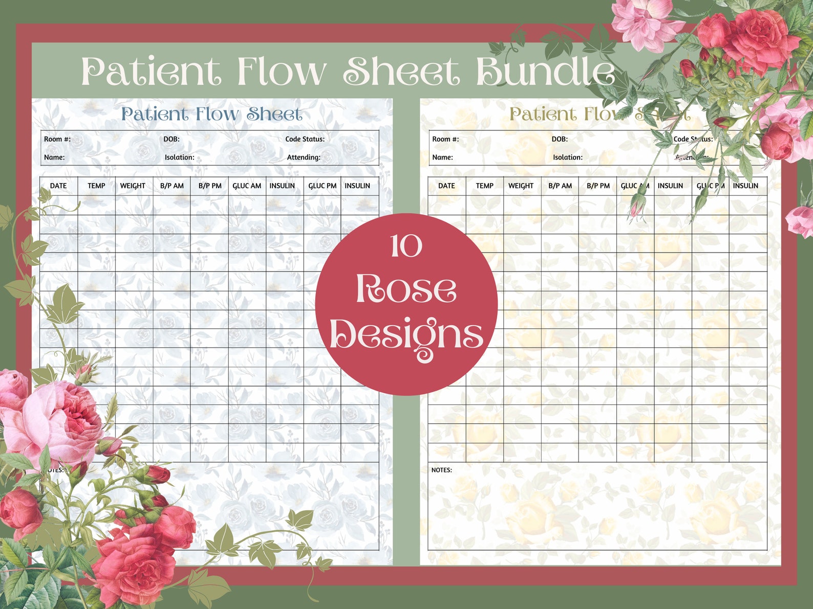 Patient Flow Sheet Bundle 10 Rose Designs 1 Patient Vitals Documentation Nurse Brain Printable ...