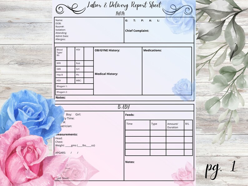 Labor and Delivery Report Sheet Ombre Pink &amp; Blue Nurse Report Nurse ...