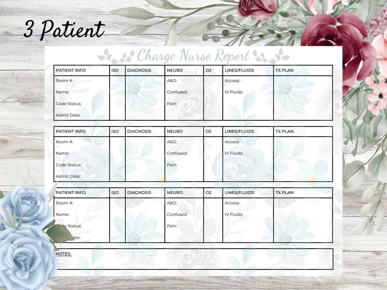 Charge Nurse Report Sheet Blue Floral Nurse Report Nurse Brain Charge
