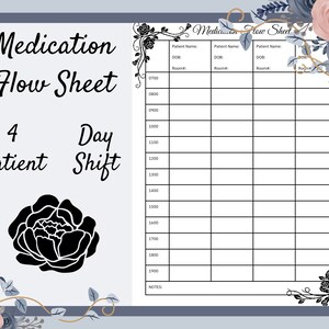 May include: A medication flow sheet for a 4-day patient shift. The sheet has a grid for recording patient information and medication times. Decorative floral elements in blue and pink adorn the borders. The title "Medication Flow Sheet" is at the top.