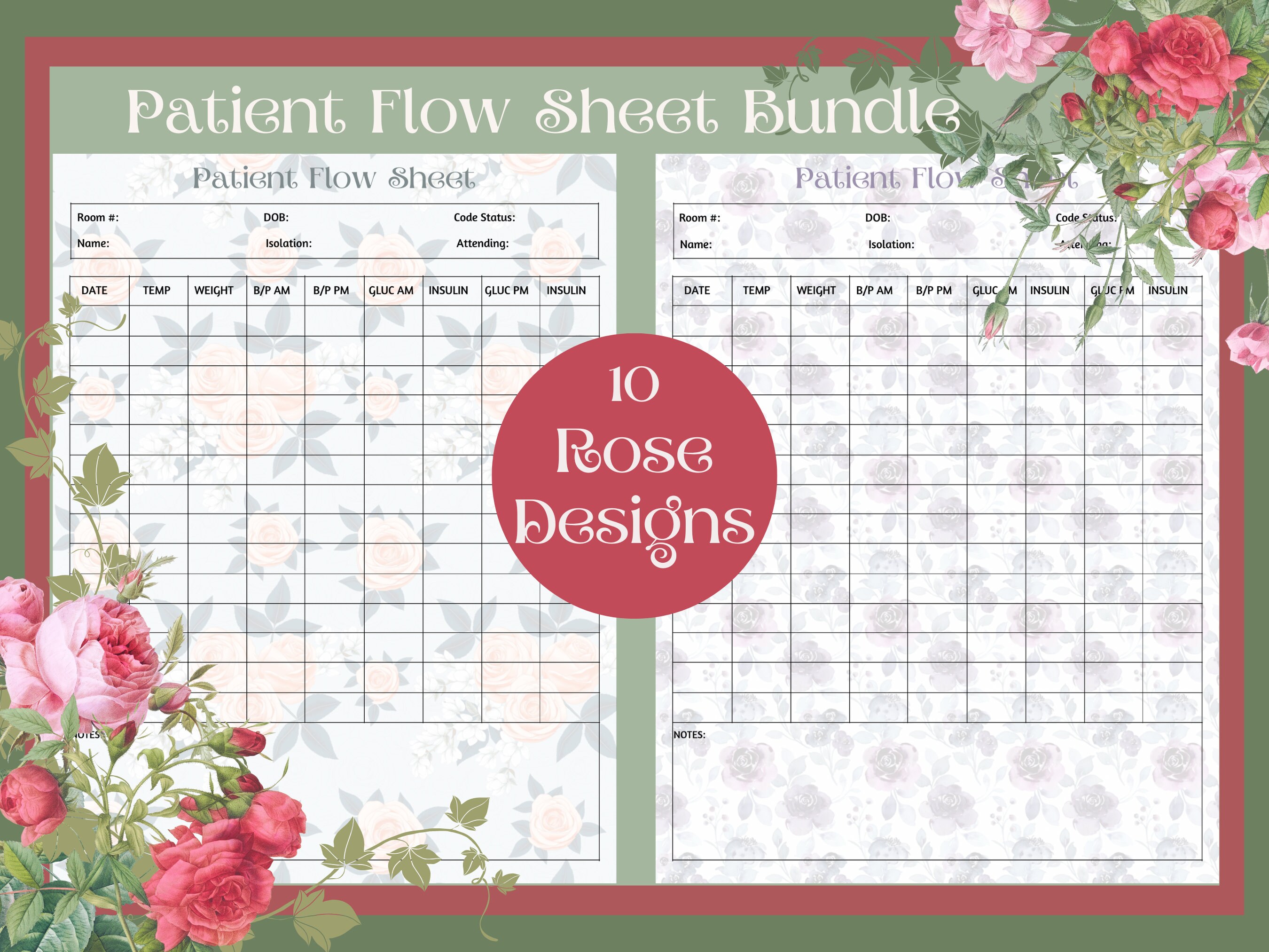 Patient Flow Sheet Bundle 10 Rose Designs 1 Patient Vitals Documentation Nurse Brain Printable ...