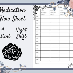 May include: A medication flow sheet for a 4-patient night shift, featuring a floral design. The sheet includes spaces for patient names, dates of birth, and room numbers, with time slots from 1900 to 0700. Decorative floral elements frame the sheet.