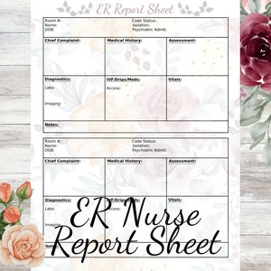 ER Pflegebericht Blatt | Pfirsich Rose Krankenpfleger Report | Krankenschwester Gehirn | Notfall Krankenschwester Druckbare Vorlage | PDF | Digitaler Download