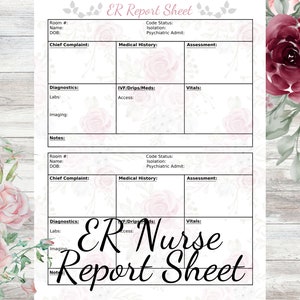ER Pflegebericht Blatt | Pink Rose Pflegebericht | Krankenschwester Gehirn | Notfall Krankenschwester Druckbare Vorlage | PDF | Digitaler Download