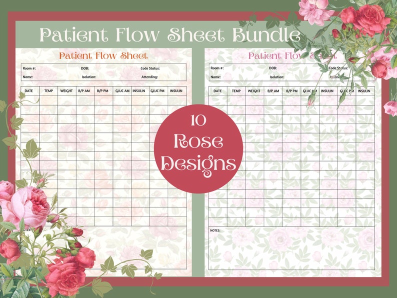 Patient Flow Sheet Bundle 10 Rose Designs 1 Patient Vitals Documentation Nurse Brain Printable ...