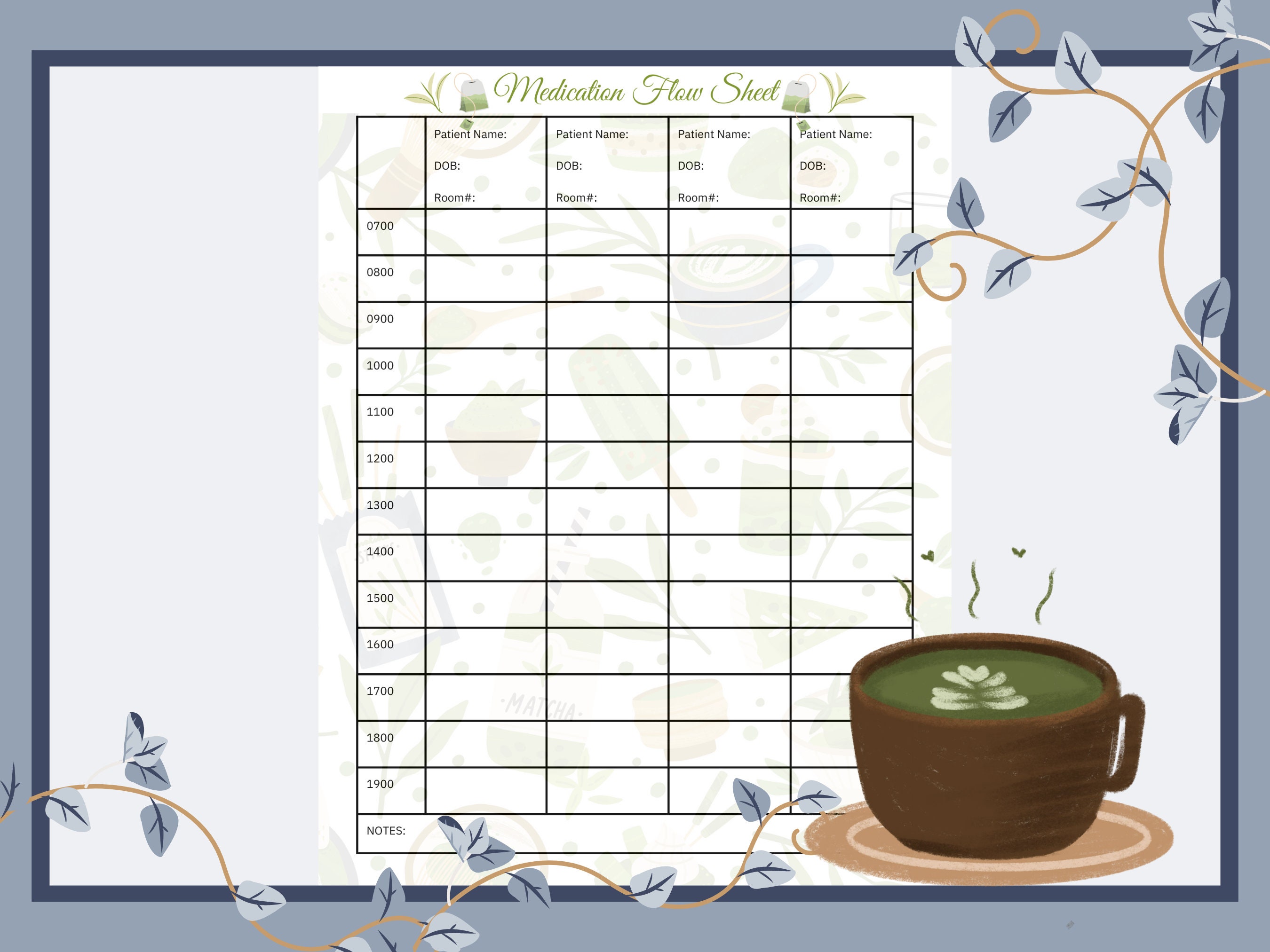 Medication Flow Sheet | Day Shift | 4 Patient | Matcha Latte Med ...