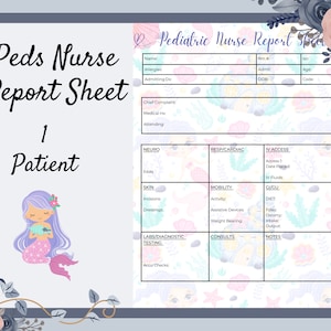 Puede incluir: Una hoja de informe de enfermería pediátrica con una ilustración de sirena. La hoja incluye secciones para información del paciente, queja principal e historial médico. El título "Peds Nurse Report Sheet" se muestra de forma destacada.