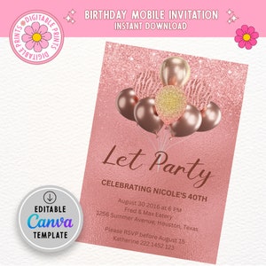 Editable Rose Gold Birthday Invitation, Let's Party Rose Gold Balloons ...