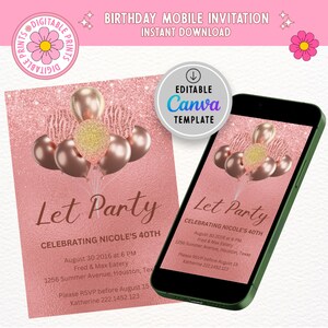 Editable Rose Gold Birthday Invitation, Let's Party Rose Gold Balloons ...