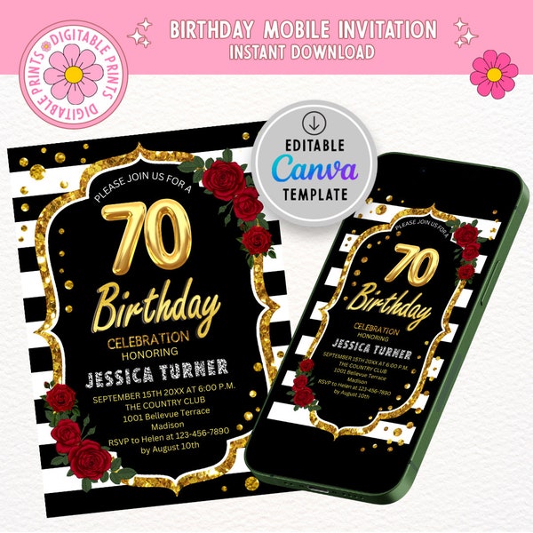 70th Birthday Invitation - INSTANT DOWNLOAD Digital Template. ANY age. Black White Stripes. Glitter Gold Red Roses. Floral Birthday Invite