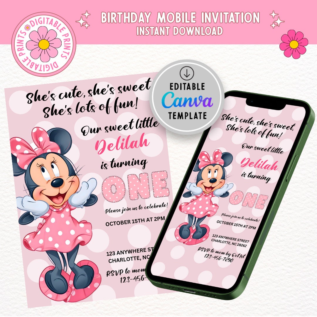 EDITABLE Minnie Mouse 1st Birthday Invitation, 1st Bday, First Birthday ...
