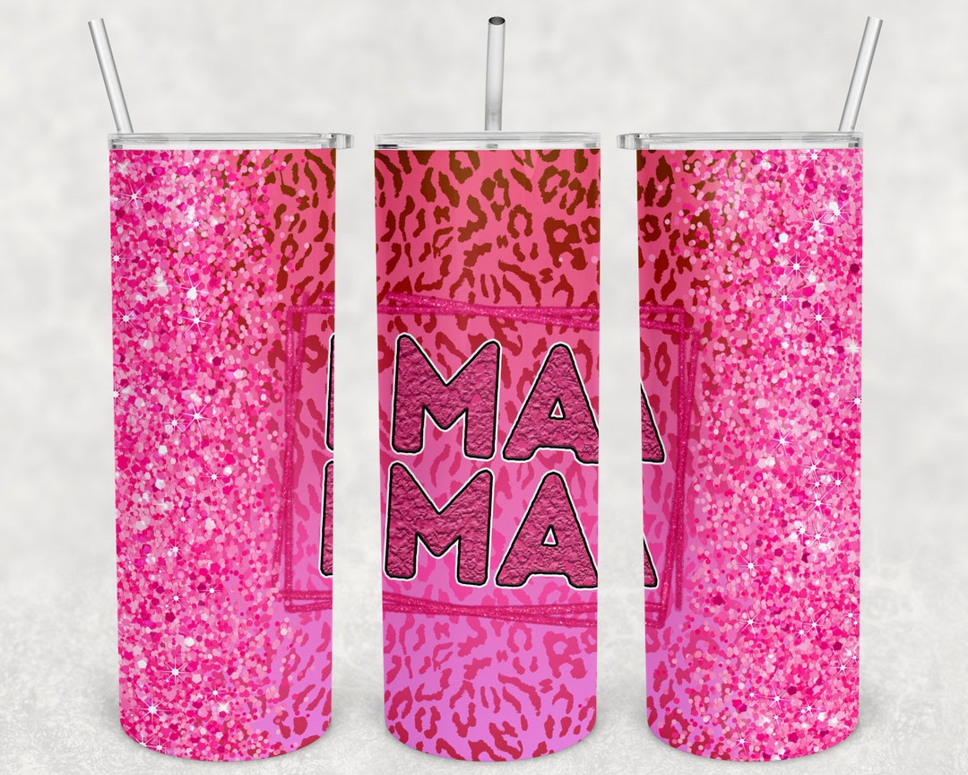Mama 20 Oz Skinny Tumbler, Mama Tumbler PNG, Mom Tumbler Wrap, Seamless Pink Glitter Tumbler