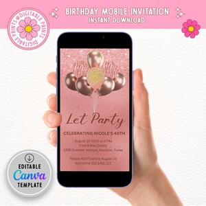 Editable Rose Gold Birthday Invitation, Let's Party Rose Gold Balloons ...