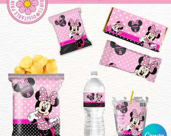 Minnie Mouse Birthday Party Chip Bags Wrapper Label Minnie Mouse Chalk Bowtique Birthday Bow Snack Bag Printable, Editable in Canva