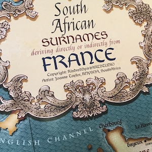 Herencia francesa; Mapa histórico hugonote de Francia; Raíces sudafricanas; Regalo de bodas; Árbol genealógico; Genealogía; Ascendencia