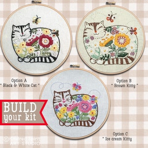 Hand Embroidery Kit ;  Cute cat designs ; Kitten Pet patterns ; Flower needlepoint