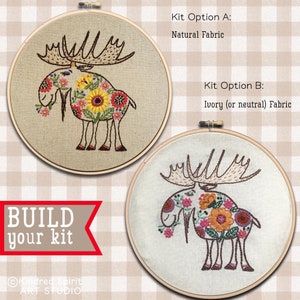Hand Embroidery Kit ; Moose design ; Modern Hoop Art ; Nature Lover Gift ; Woodland Needlepoint ; Floral pattern