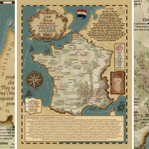 Puede incluir: Un mapa de Francia de estilo vintage con una ilustraci&oacute;n detallada de las provincias y ciudades del pa&iacute;s. El mapa est&aacute; en una paleta de colores c&aacute;lidos y terrosos con un aspecto descolorido y antiguo. El mapa incluye texto en franc&eacute;s e ingl&eacute;s.