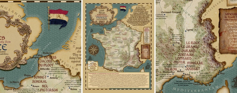 Puede incluir: Un mapa de Francia de estilo vintage con una ilustraci&oacute;n detallada de las provincias y ciudades del pa&iacute;s. El mapa est&aacute; en una paleta de colores c&aacute;lidos y terrosos con un aspecto descolorido y antiguo. El mapa incluye texto en franc&eacute;s e ingl&eacute;s.