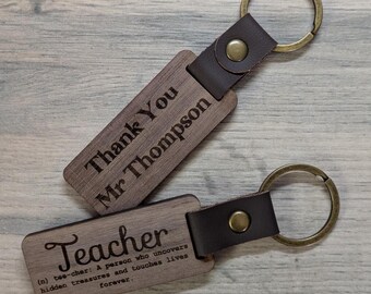 Personalised Wooden Keyring for Teacher in 4mm Black Walnut with PU Leather Buckle & Brass Ring