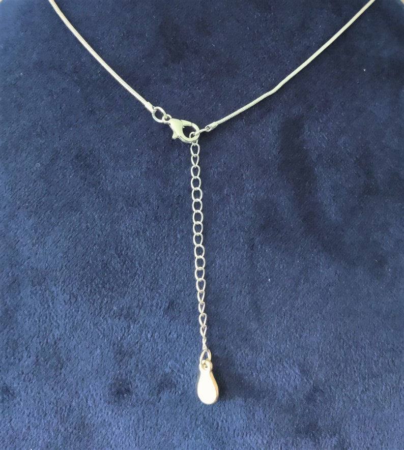 Peut inclure: Un collier en cha&icirc;ne argent&eacute;e avec un fermoir &agrave; ressort et un petit pendentif en forme de poire.