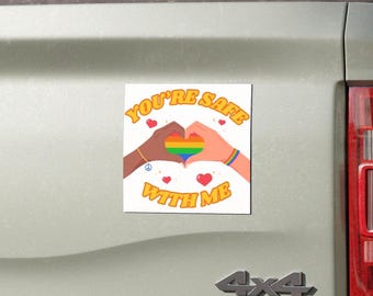 5" x 5" LGBTQ+ automagneten, You're Safe With Me-magneet, LGBTQ+ bondgenoot auto-accessoires, Pride autodecor, inclusief voertuigaccessoires, Pride