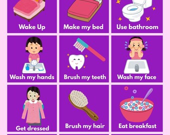 Może przedstawiać: Fioletowy harmonogram wizualny zatytułowany "Mia's Morning Routine" z ilustracjami dla każdego kroku, w tym budzenia się, ścielenia łóżka, korzystania z łazienki, mycia rąk i twarzy, mycia zębów i włosów, ubierania się, jedzenia śniadania, zakładania butów, brania plecaka i pójścia do szkoły.