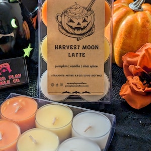 Harvest Moon Latte Tea Lights | Autumn Coffee Soy Wax Melts | Pumpkin Spice, Chai & Vanilla | Fall Witchy Tealight Candles
