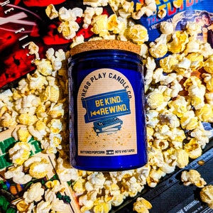 Be Kind. Rewind. | Movie Themed Candle | Buttered Popcorn, VHS Tape Scented Candle | 90s Candle